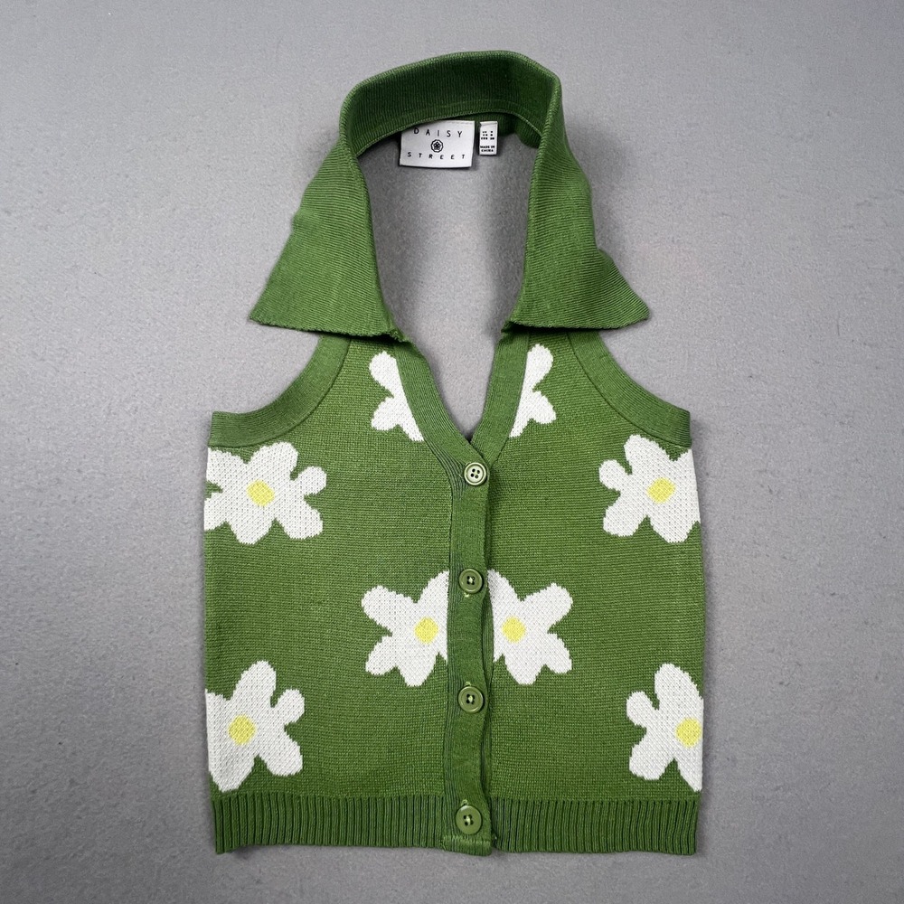 Daisy Street Halter Knit Top Womens Small Green Floral Button Front Retro Y2K